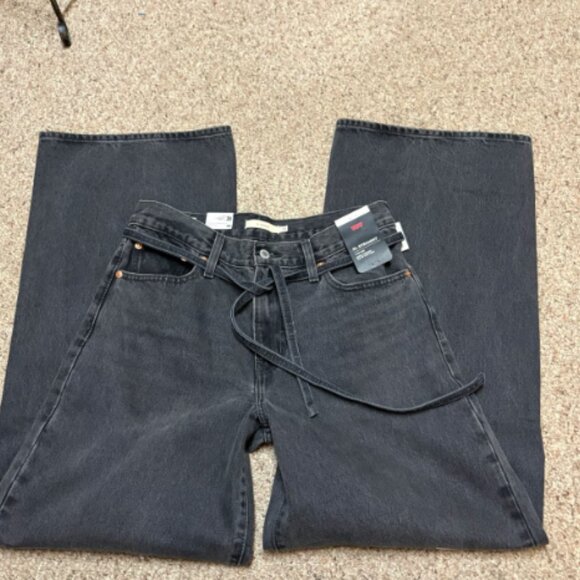 FREE PEOPLE LEVIS XL STRAIGHT WIDE LEG BELTED FADED BLACK JEANS NWT $108 28 w - Picture 7 of 11
